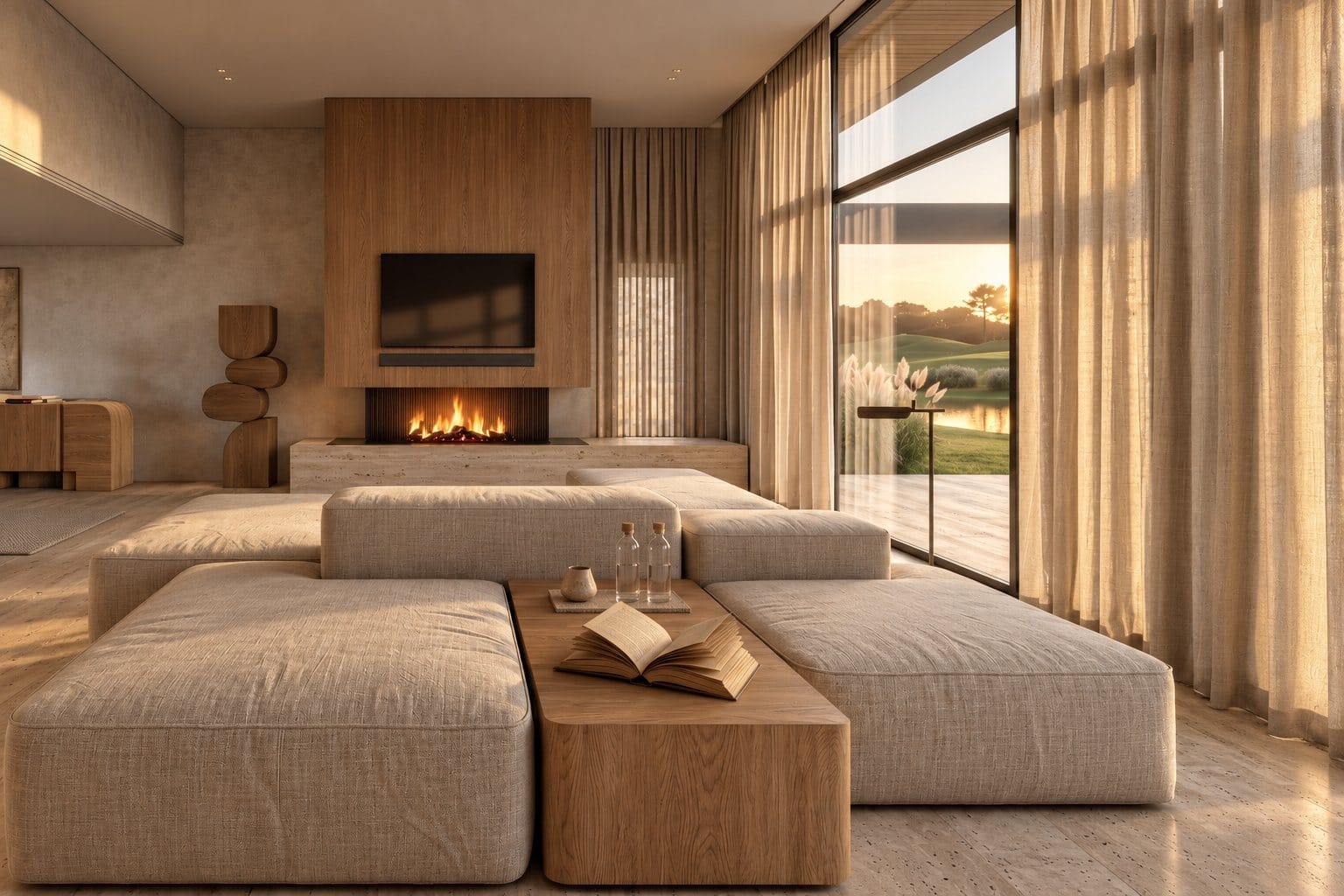 Living con hogar y ventanal al atardecer