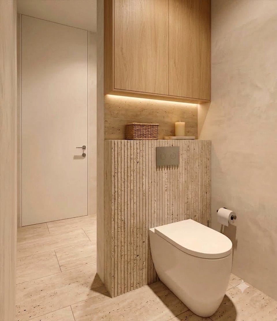 Baño con inodoro y travertino