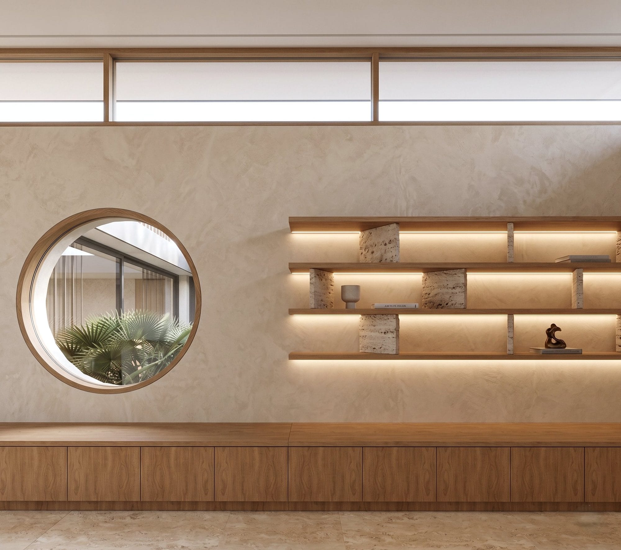 Pared con ventana circular y estantes