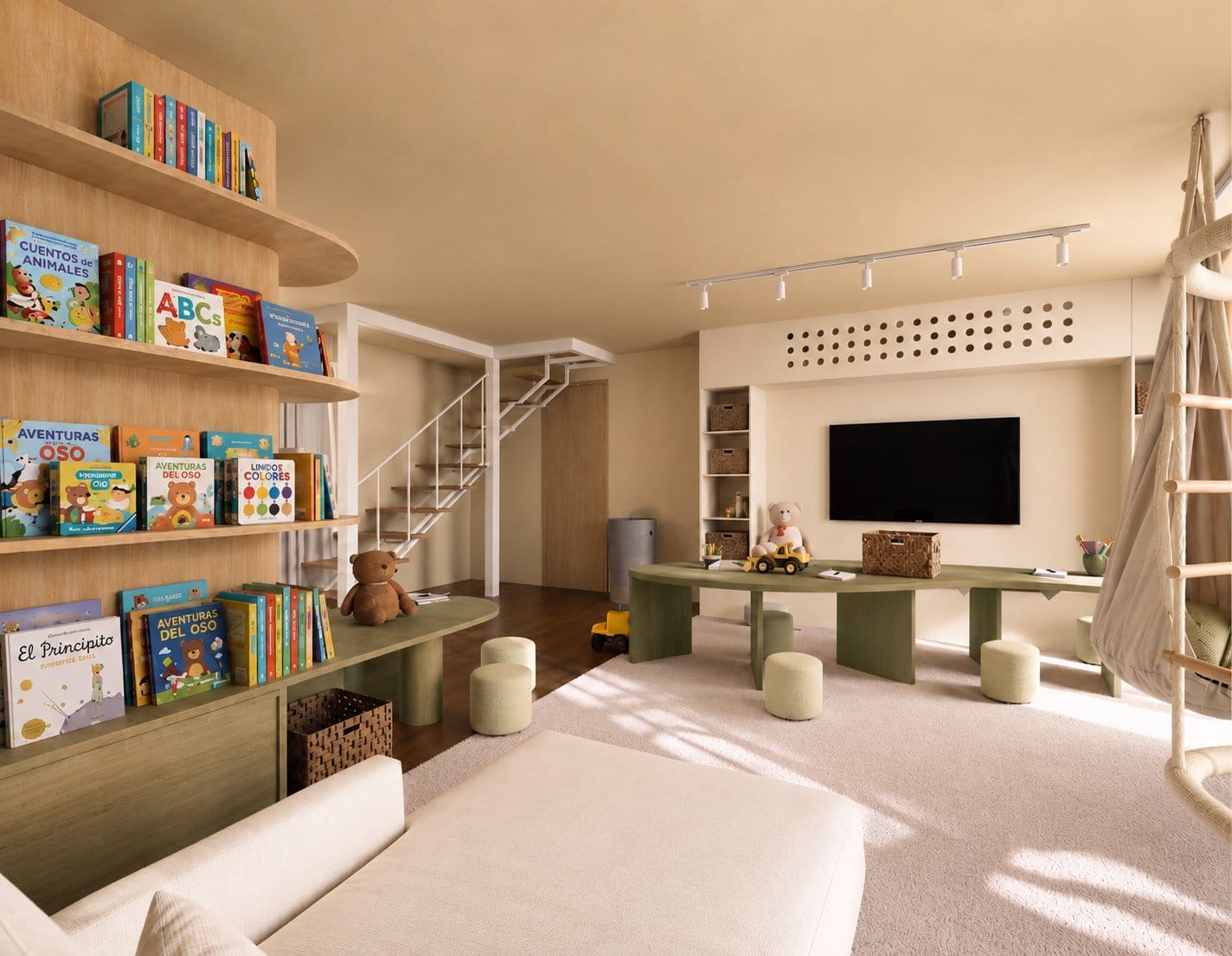 Living con el mueble de madera, la biblioteca y la televisión