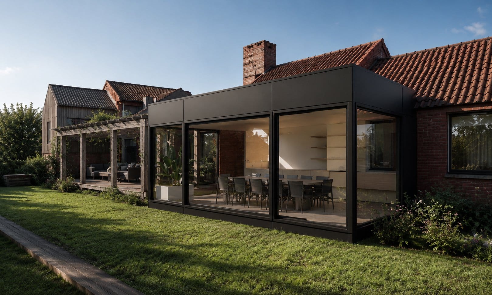 Exterior de la casa con el volumen vidriado y el jardín