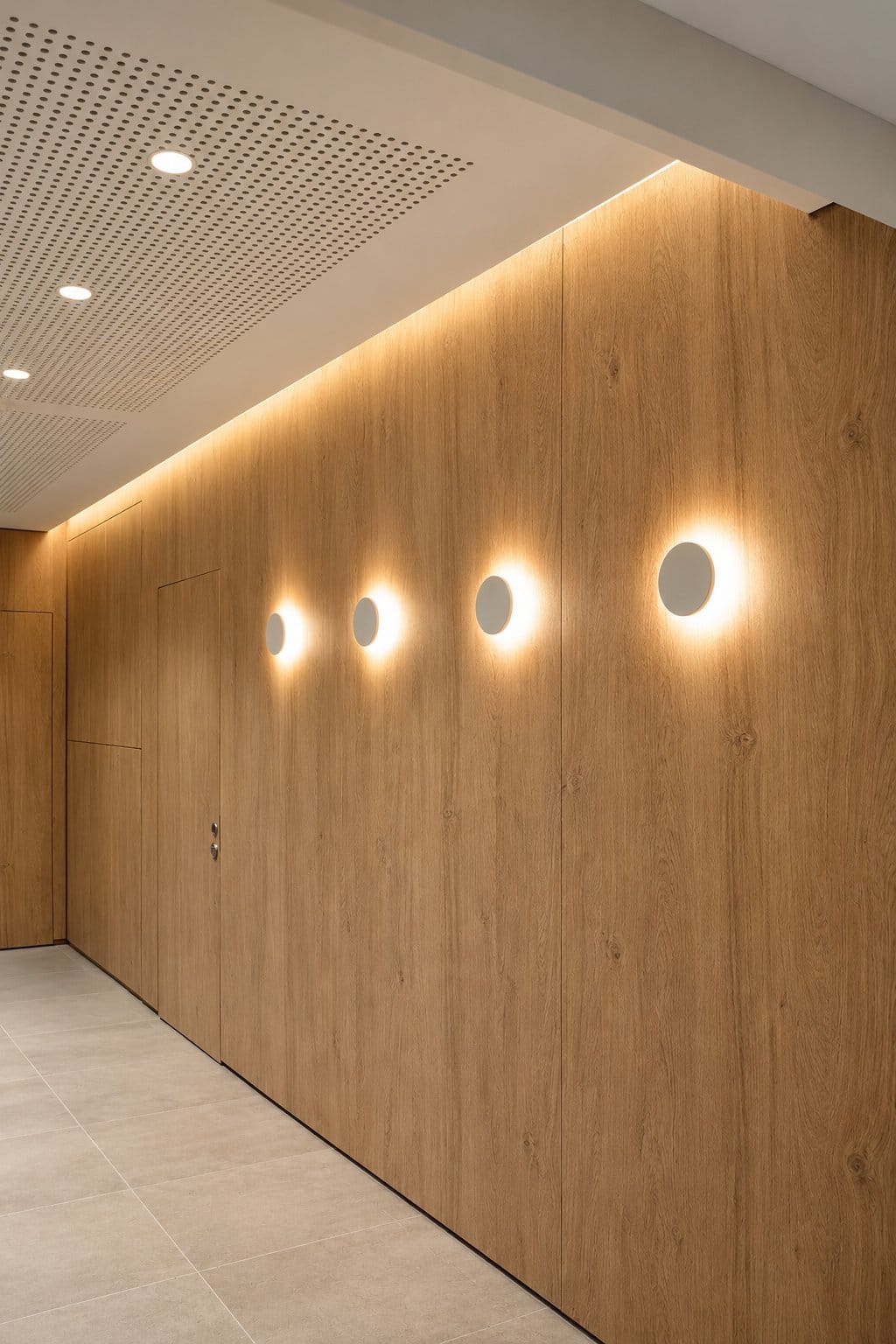 Pared de madera con apliques circulares