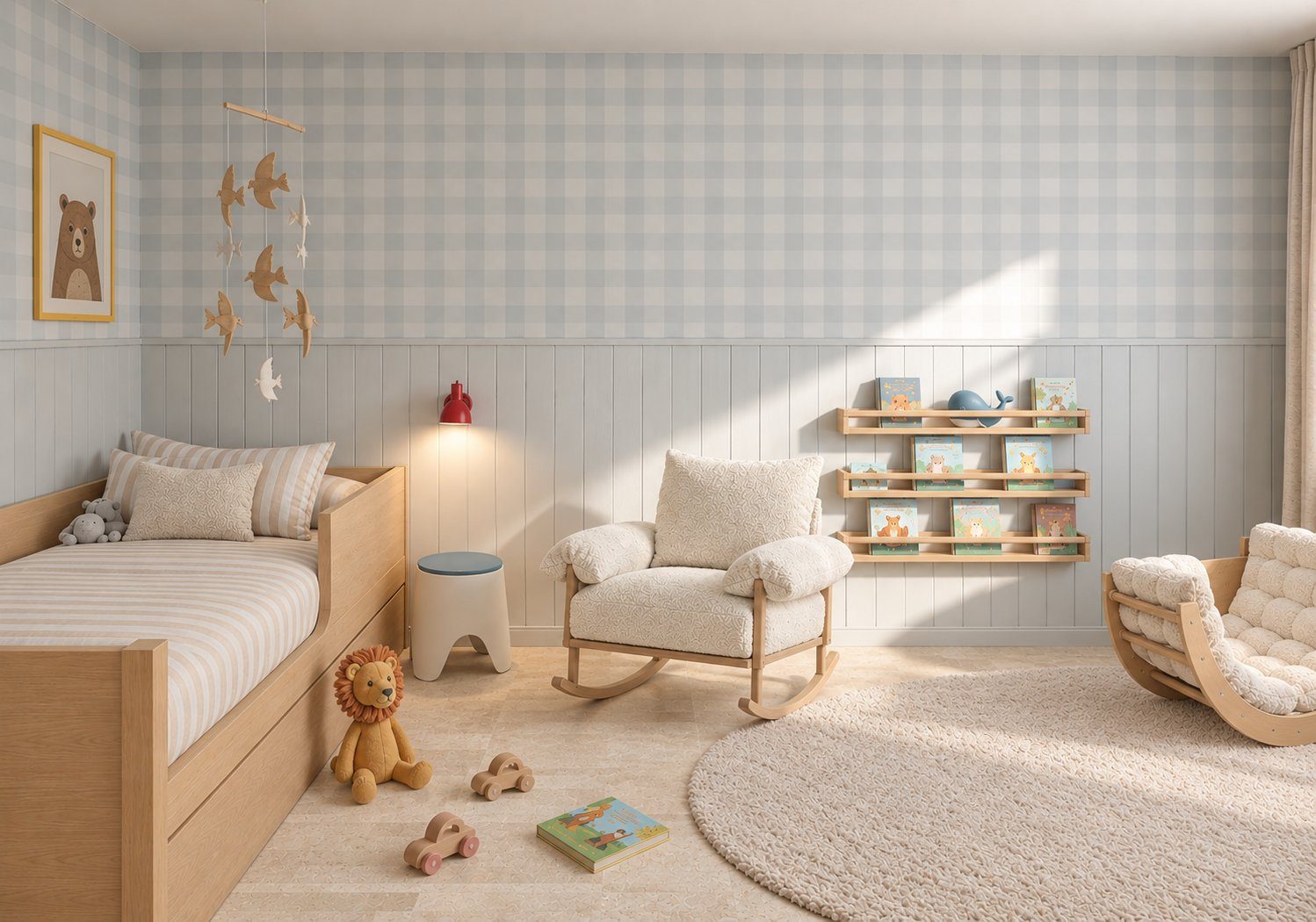 Dormitorio infantil con cubrecama cuadrillé