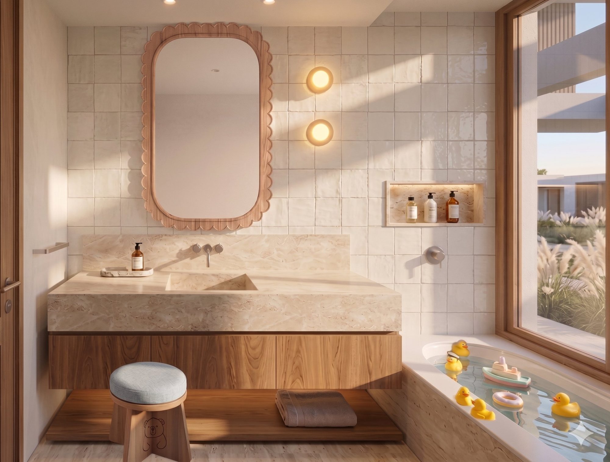 Baño infantil con espejo ondulado