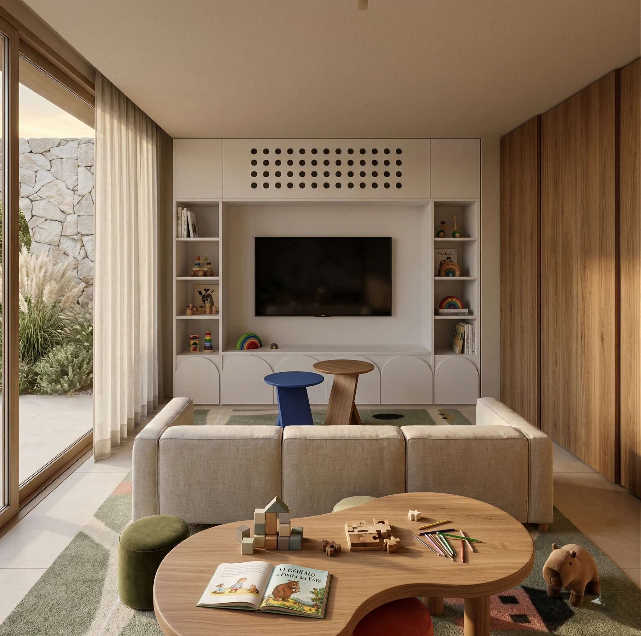Playroom con televisor, estantes y sillón verde