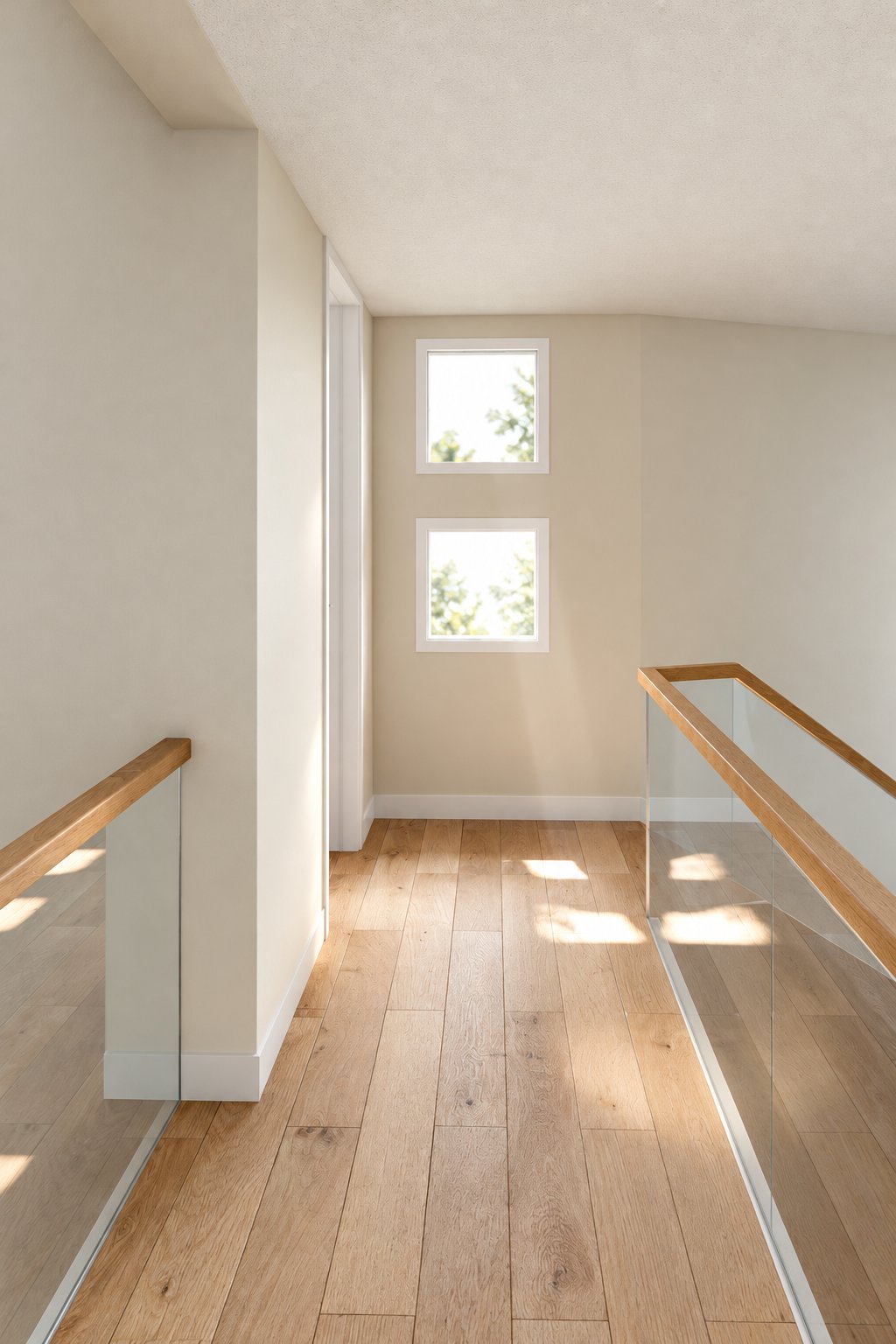 Render del pasillo, con pared de listones de madera
