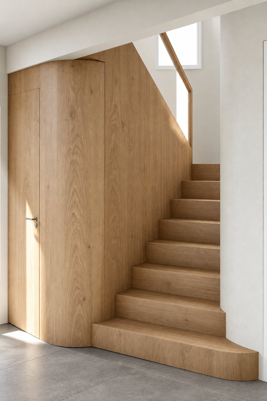 Render de la escalera, con peldaños de madera